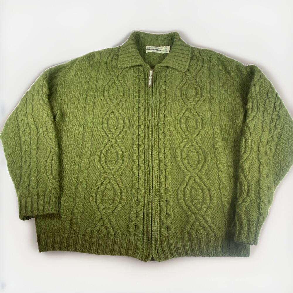 Aran Crafts 100% Merino Wool Cardigan Sweater Men’s XL Full Zip Cableknit Fisher